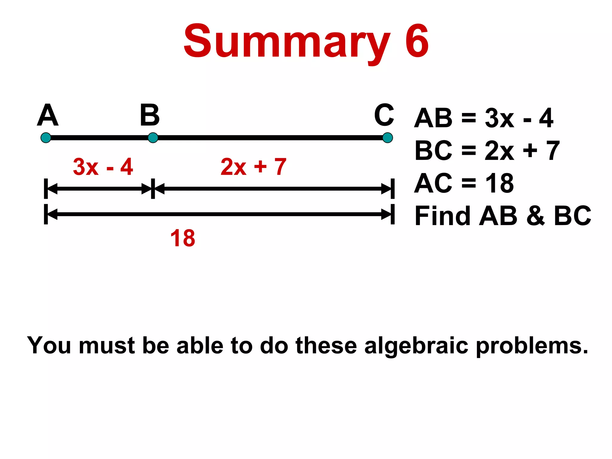 Summary 6 A B C 18 AB = 3x - 4 BC = 2x + 7 AC = 18 Find AB & BC 3x - 4 2x + 7  You must be able to do these algebraic problems. 