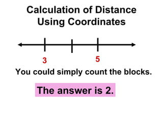 Calculation of Distance Using Coordinates 3 5 You could simply count the blocks. The answer is 2. 