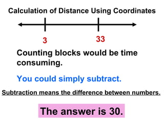 Calculation of Distance Using Coordinates 3 33 Counting blocks would be time consuming. The answer is 30. You could simply subtract. Subtraction means the difference between numbers. 