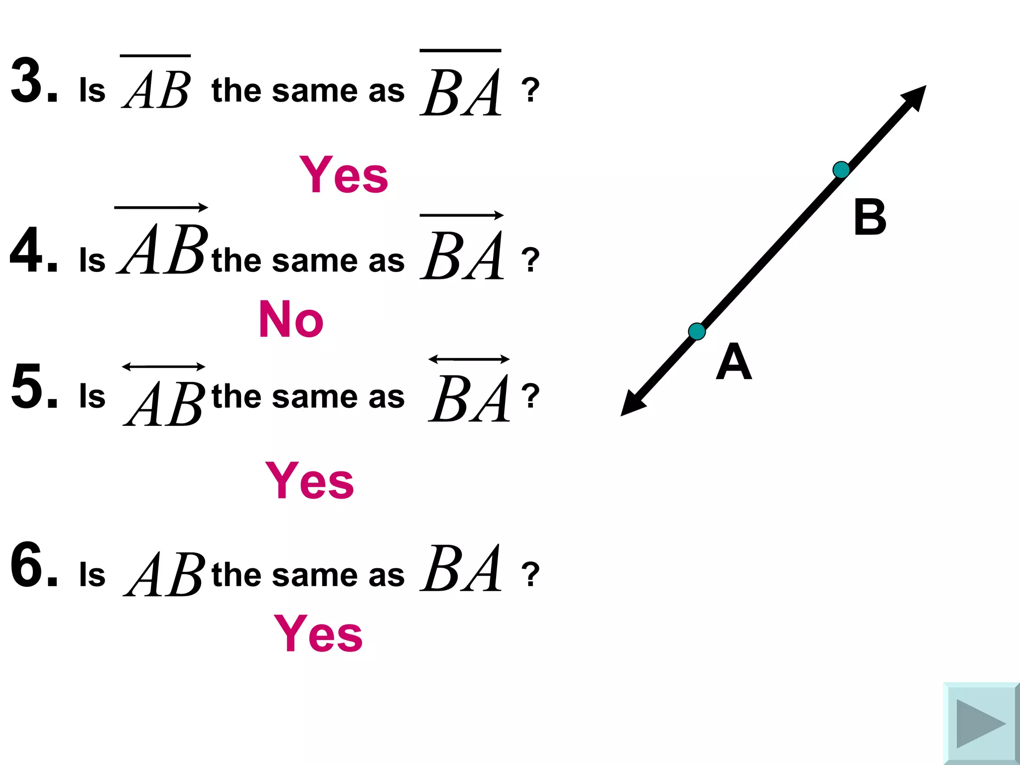 3.  Is  the same as  ? 4.  Is  the same as  ? 5.  Is  the same as  ? 6.  Is  the same as  ? A B Yes Yes Yes No 
