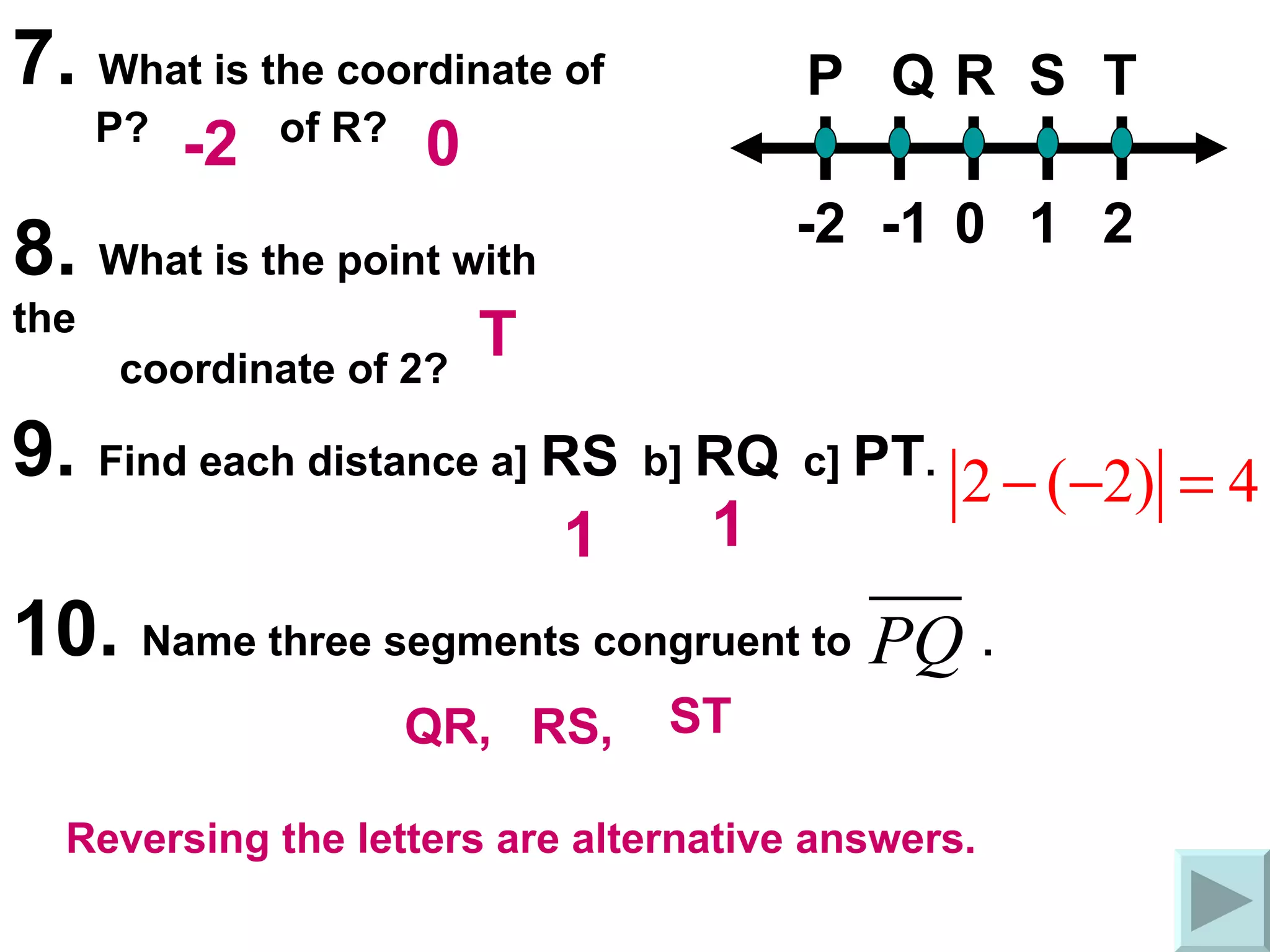 7.  What is the coordinate of  P?  of R? P Q R S T 0 1 2 -2 -1 8.  What is the point with the coordinate of 2? 9.  Find each distance a]  RS   b]  RQ   c]  PT . 10.  Name three segments congruent to  . -2 0 T 1 1 QR, RS, ST Reversing the letters are alternative answers. 