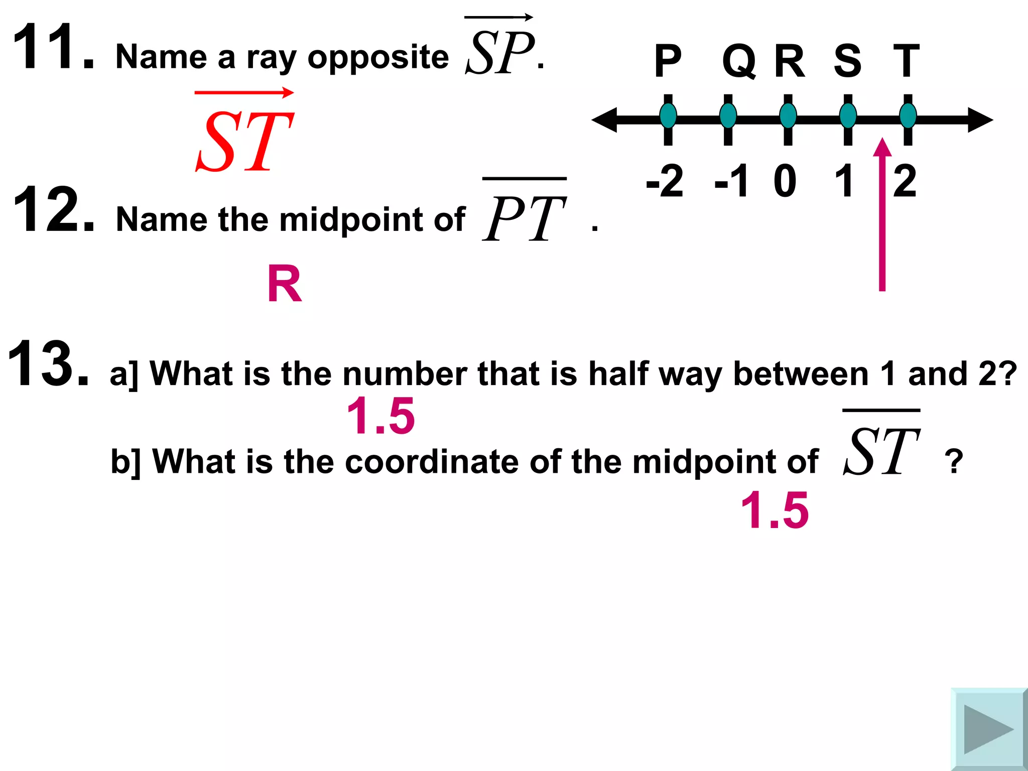 11.  Name a ray opposite  . P Q R S T 0 1 2 -2 -1 12.  Name the midpoint of  .  13.  a] What is the number that is half way between 1 and 2? b] What is the coordinate of the midpoint of  ?  R 1.5 1.5 