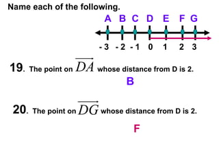 Name each of the following. 19 .  The point on  whose distance from D is 2. 20 .  The point on  whose distance from D is 2. D B C G F E A - 3 - 2 - 1 0 1 2 3 B F 
