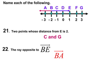 Name each of the following. 21 .  Two points whose distance from E is 2. 22 .  The ray opposite to  D B C G F E A - 3 - 2 - 1 0 1 2 3 C and G 