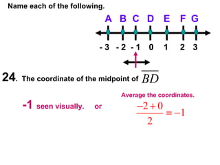 Name each of the following. 24 .  The coordinate of the midpoint of  D B C G F E A - 3 - 2 - 1 0 1 2 3 -1  seen visually.  or Average the coordinates. 