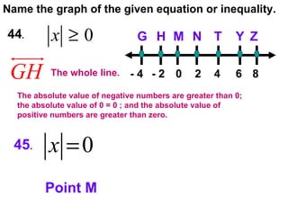 44 .  Name the graph of the given equation or inequality. N H M Z Y T G - 4 - 2 0 2 4 6 8 45 .   The whole line. Point M The absolute value of negative numbers are greater than 0; the absolute value of 0 = 0 ; and the absolute value of positive numbers are greater than zero. 
