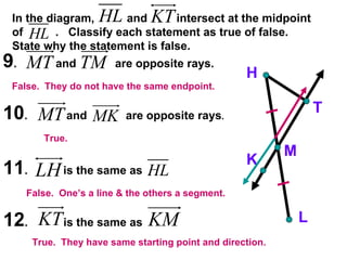 9 .  and  are opposite rays. 10 .  and  are opposite rays . 11 .  is the same as  12 .  is the same as  H K M T L False.  They do not have the same endpoint. True.  False.  One’s a line & the others a segment. True.  They have same starting point and direction.  In the diagram,  and  intersect at the midpoint of  .  Classify each statement as true of false.  State why the statement is false. 