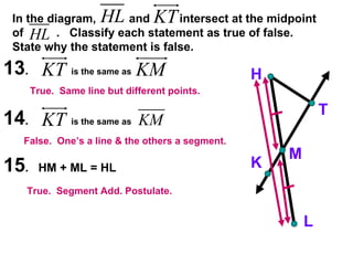 13 .  is the same as   14 .  is the same as   15 .  HM + ML = HL H K M T L In the diagram,  and  intersect at the midpoint of  .  Classify each statement as true of false.  State why the statement is false. True.  Same line but different points. False.  One’s a line & the others a segment. True.  Segment Add. Postulate. 