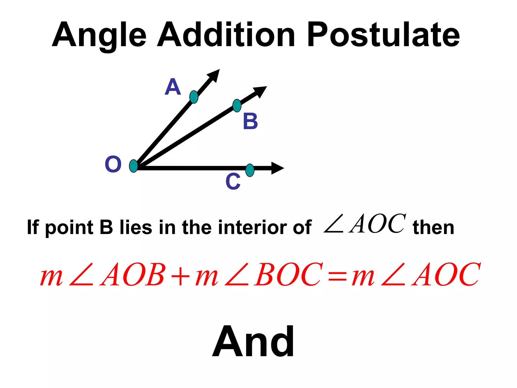 Angle Addition Postulate If point B lies in the interior of  then O C B A And 