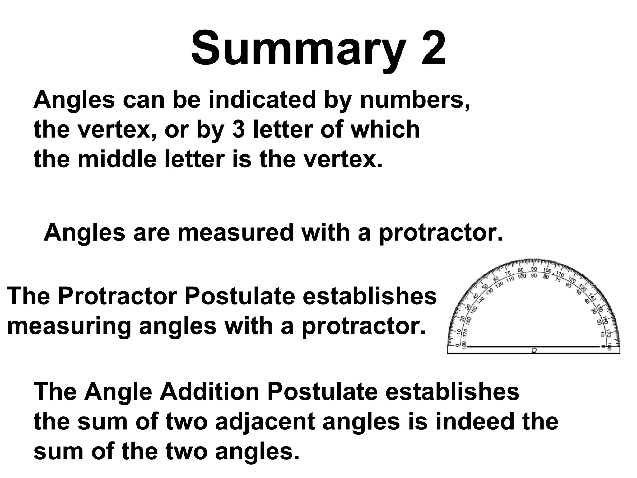 Summary 2 Angles are measured with a protractor. Angles can be indicated by numbers,  the vertex, or by 3 letter of which  the middle letter is the vertex. The Protractor Postulate establishes  measuring angles with a protractor. The Angle Addition Postulate establishes  the sum of two adjacent angles is indeed the  sum of the two angles. 