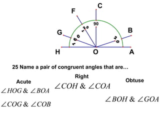 90 120  160  20  25 Name a pair of congruent angles that are… Acute Right Obtuse 