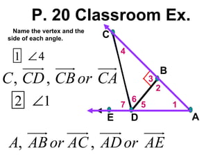 P. 20 Classroom Ex. 7 6 5 4 3 2 1 Name the vertex and the side of each angle. 