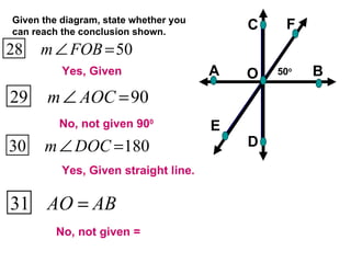 Given the diagram, state whether you can reach the conclusion shown. Yes, Given No, not given 90 0 Yes, Given straight line. No, not given = 