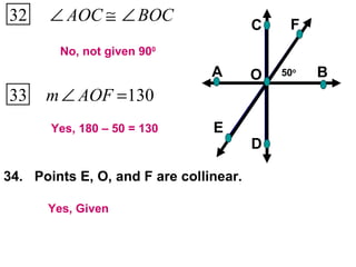 34.  Points E, O, and F are collinear. Yes, 180 – 50 = 130 No, not given 90 0 Yes, Given 