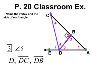 P. 20 Classroom Ex. 7 6 5 4 3 2 1 Name the vertex and the side of each angle. 