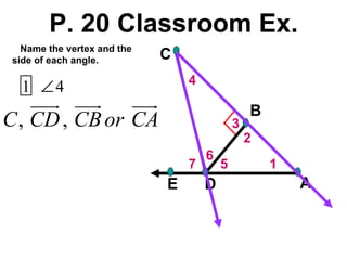 P. 20 Classroom Ex. 7 6 5 4 3 2 1 Name the vertex and the side of each angle. 