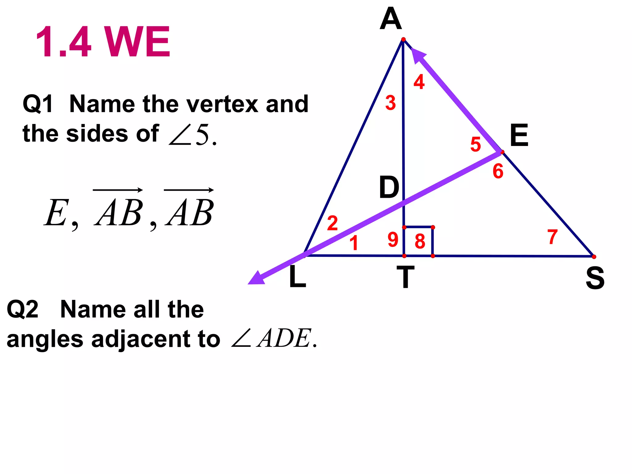 1.4 WE Q1  Name the vertex and  the sides of Q2  Name all the angles adjacent to   