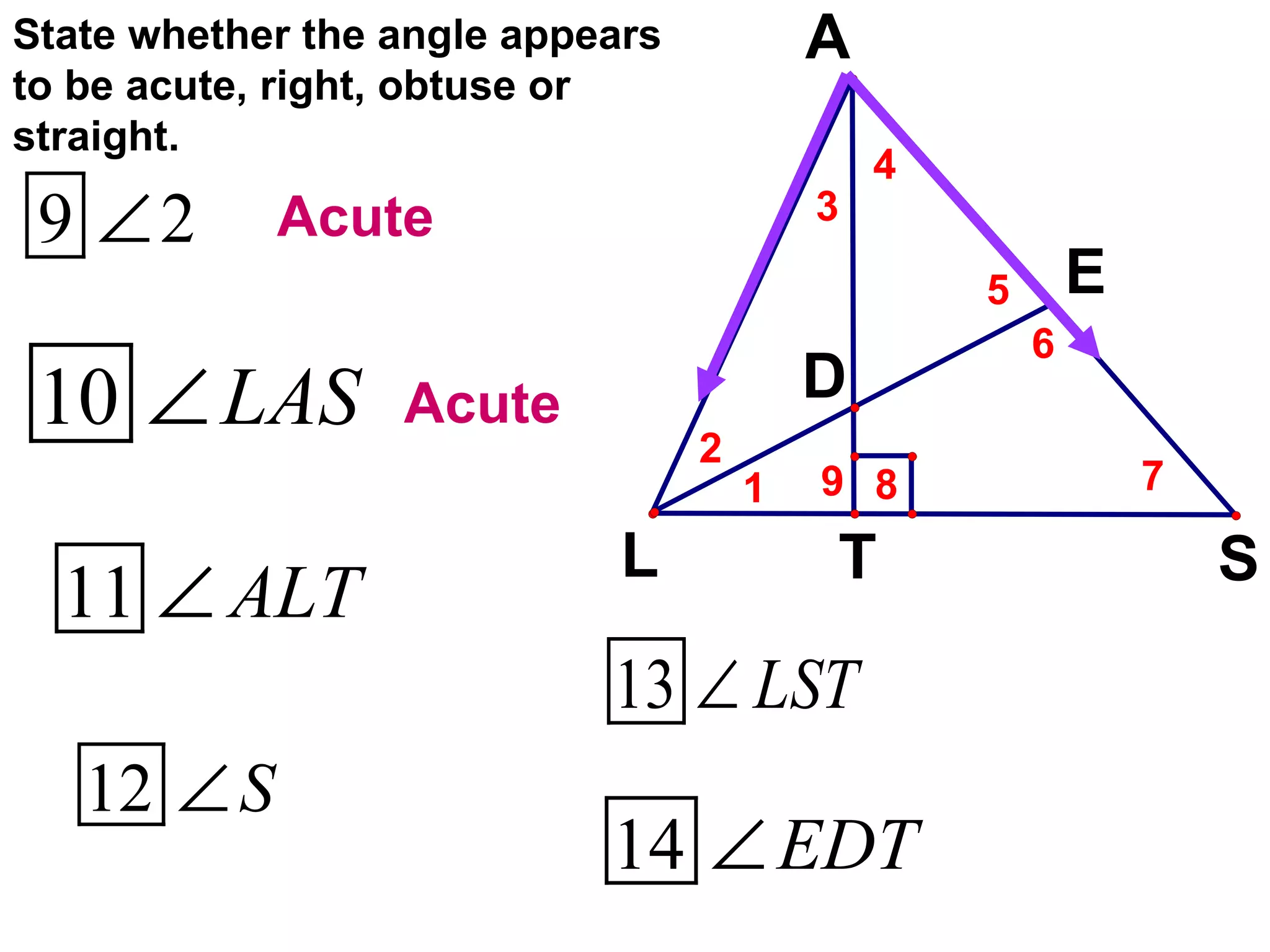 State whether the angle appears to be acute, right, obtuse or straight. Acute Acute 