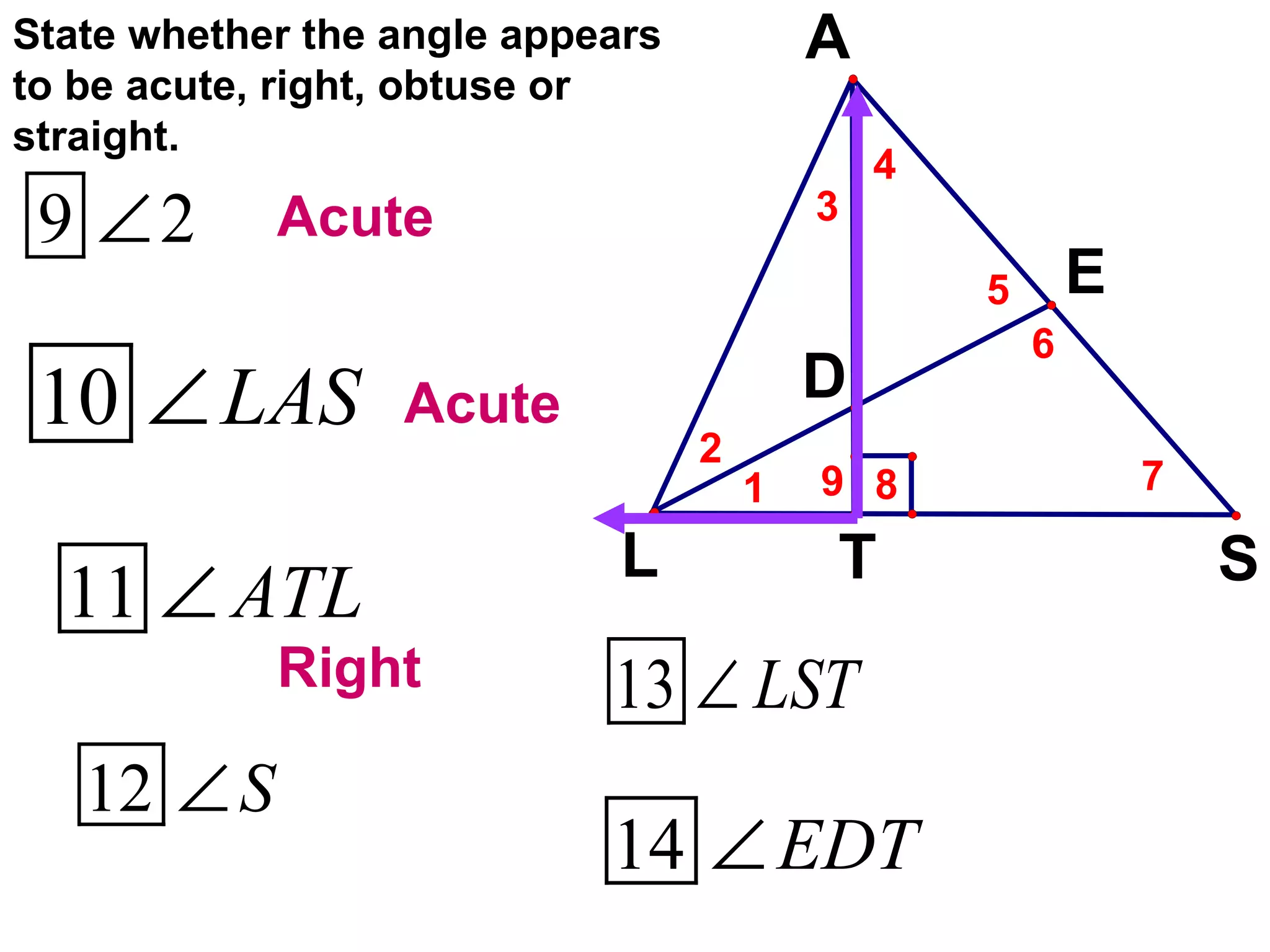 State whether the angle appears to be acute, right, obtuse or straight. Acute Acute Right 
