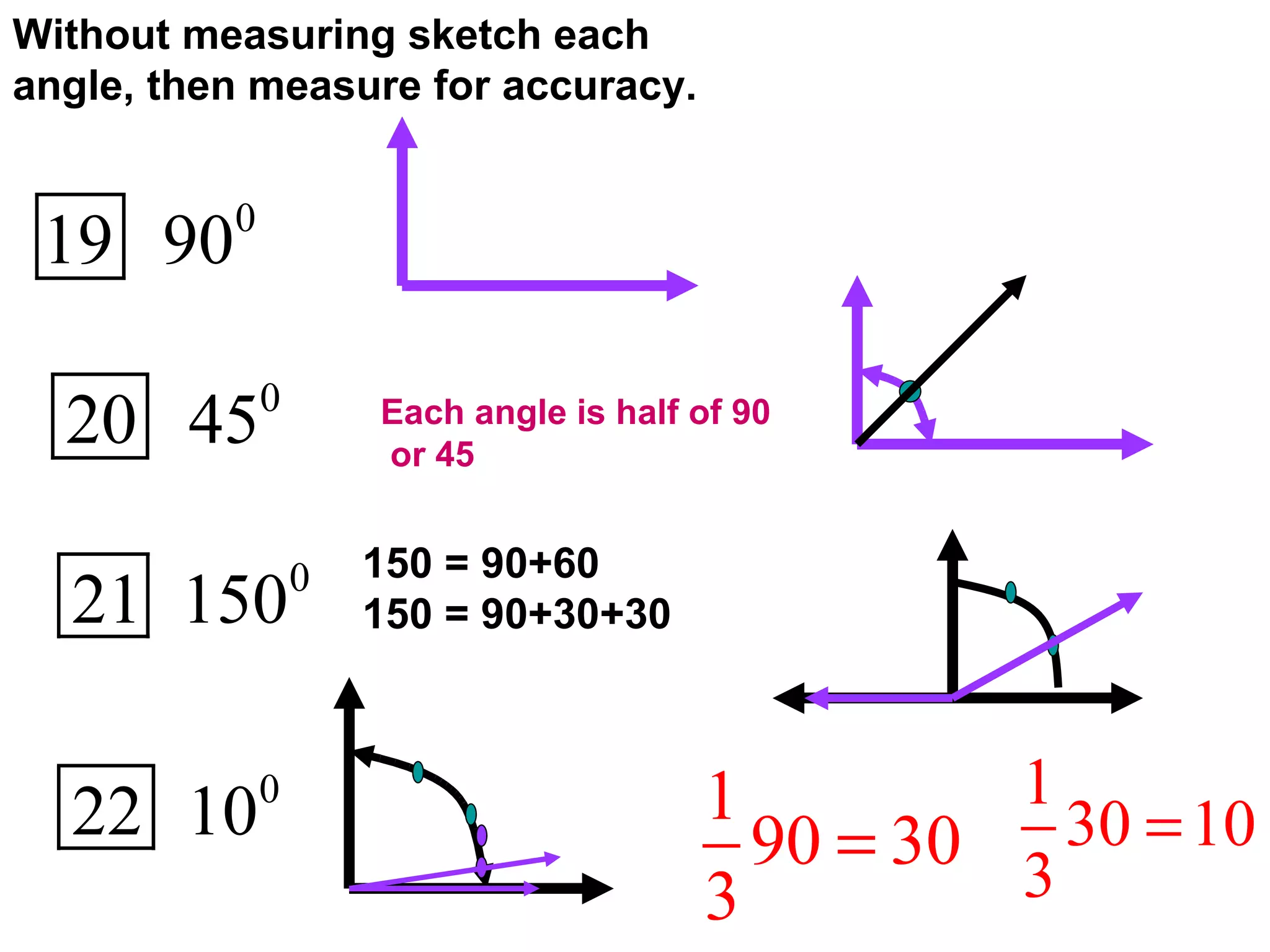 Without measuring sketch each angle, then measure for accuracy. Each angle is half of 90 or 45 150 = 90+60 150 = 90+30+30 