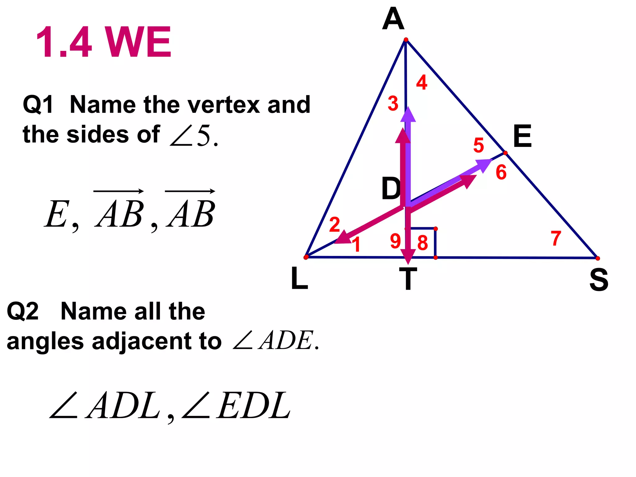 1.4 WE Q1  Name the vertex and  the sides of Q2  Name all the angles adjacent to   