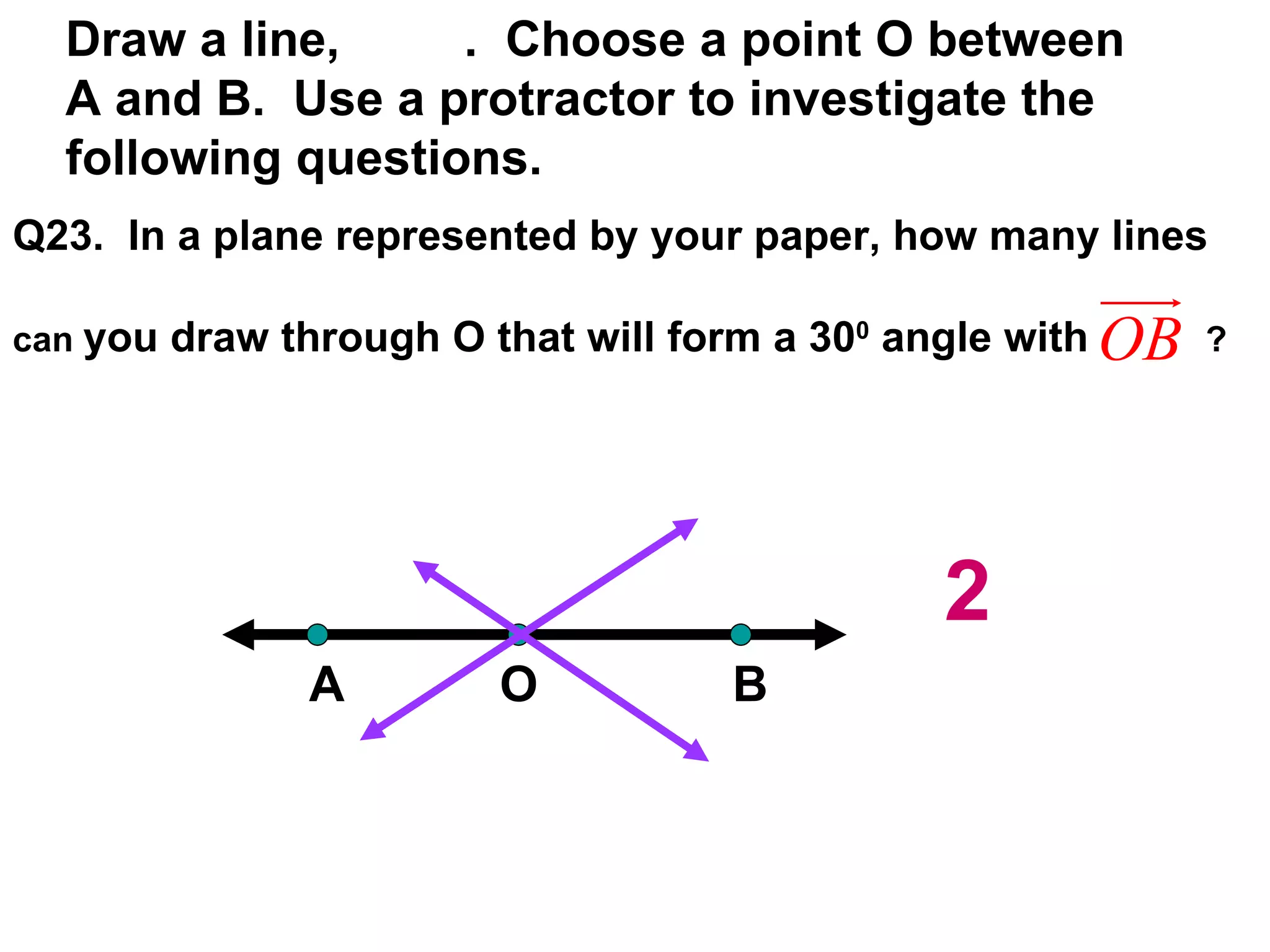 Draw a line,  .  Choose a point O between A and B.  Use a protractor to investigate the following questions. Q23.  In a plane represented by your paper, how many lines  can  you draw through O that will form a 30 0  angle with   ? A O B 2 
