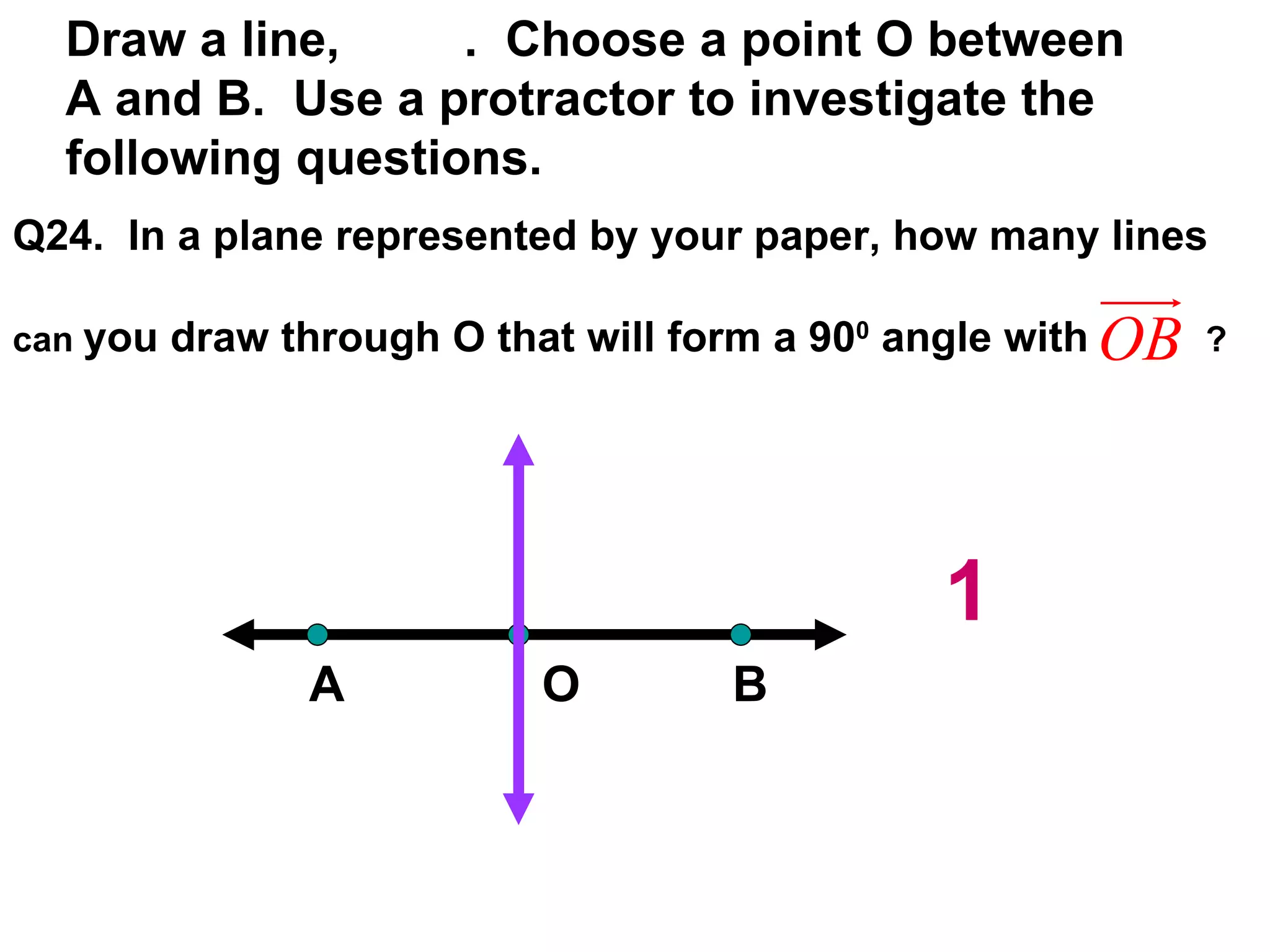 Draw a line,  .  Choose a point O between A and B.  Use a protractor to investigate the following questions. Q24.  In a plane represented by your paper, how many lines  can  you draw through O that will form a 90 0  angle with   ? A O B 1 