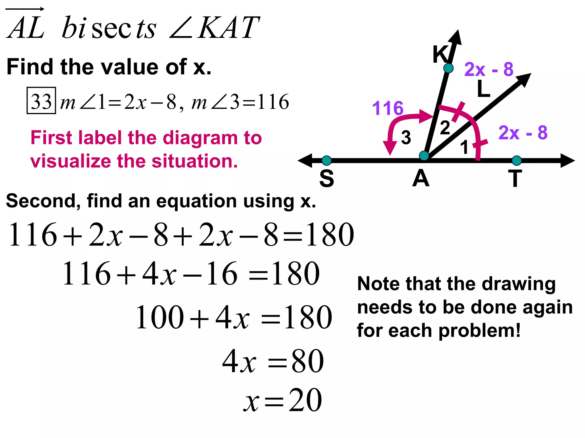 Find the value of x. 3 2 1 First label the diagram to visualize the situation. Second, find an equation using x. 2x - 8 2x - 8 116 Note that the drawing needs to be done again for each problem! 