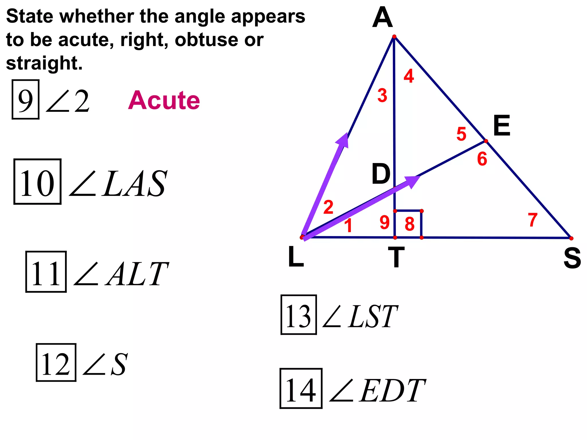 State whether the angle appears to be acute, right, obtuse or straight. Acute 