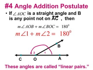 #4  Angle Addition Postulate If  is a straight angle and B is any point not on AC  ,  then O A B C These angles are called “linear pairs.” 1 2 