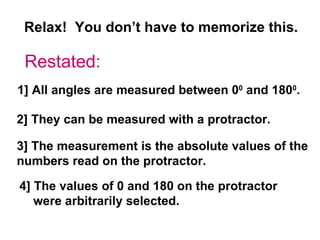 Relax!  You don’t have to memorize this. Restated: 1] All angles are measured between 0 0  and 180 0 .  2] They can be measured with a protractor.  3] The measurement is the absolute values of the numbers read on the protractor. 4] The values of 0 and 180 on the protractor  were arbitrarily selected. 