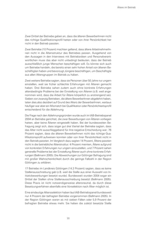 Zwei Drittel der Betriebe gaben an, dass die älteren BewerberInnen nicht
das richtige Qualifikationsprofil hatten oder von ihrer Persönlichkeit her
nicht in den Betrieb passten.
Zwei Betriebe (10 Prozent) machten geltend, dass ältere ArbeitnehmerIn-
nen nicht in die Altersstruktur des Betriebes passen. Ausgehend von
den Aussagen in den Interviews mit Betriebsräten und Personalverant-
wortlichen muss das aber nicht unbedingt bedeuten, dass der Betrieb
ausschließlich junge Menschen beschäftigen will. Es könnte sich auch
um Betriebe handeln, die bereits einen sehr hohen Anteil von älteren Be-
schäftigten haben und bevorzugt Jüngere beschäftigen, um Beschäftigte
aus allen Altersgruppen im Betrieb zu haben.
Zwei weitere Betriebe sagten, dass sie Personen über 50 Jahre nur ungern
einstellen, weil sie früher schlechte Erfahrungen mit Älteren gemacht
haben. Drei Betriebe sahen zudem auch ohne konkrete Erfahrungen
altersbedingte Probleme bei der Einstellung von Älteren (z.B. weil ange-
nommen wird, dass die Arbeit für Ältere körperlich zu anstrengend sei).
Sieben von zwanzig Betrieben, die ältere BewerberInnen abgelehnt haben,
taten dies also dezidiert auf Grund des Alters der BewerberInnen, weitaus
häufiger war aber ein Mismatch bei Qualifikation oder Persönlichkeitsprofil
entscheidend für die Ablehnung.
Die Frage nach den Ablehnungsgründen wurde auch im IAB-Betriebspanel
2004 an Betriebe gerichtet, die zwar Bewerbungen von Älteren vorliegen
hatten, aber keine Älteren eingestellt haben. Bei der bundesweiten Be-
fragung zeigt sich, dass sogar gut drei Viertel der Betriebe sagten, dass
das Alter nicht ausschlaggebend für ihre negative Entscheidung war; 76
Prozent sagten, dass die älteren BewerberInnen nicht das richtige Qua-
lifikationsprofil aufweisen konnten oder von ihrer Persönlichkeit nicht in
den Betrieb passten. Im Vergleich dazu sagten 14 Prozent, Ältere passten
nicht in die betriebliche Alterstruktur. 4 Prozent meinten, Ältere aufgrund
von konkreten Erfahrungen nur ungern einzustellen, und 7 Prozent sahen
generelle Probleme bei der Einstellung Älterer auch ohne konkrete Erfah-
rungen (Bellmann 2005). Die Abweichungen zur Göttinger Befragung sind
mit großer Wahrscheinlichkeit durch die geringe Fallzahl in der Region
Göttingen zu erklären.
17 Betriebe im Landkreis Göttingen (14,3 Prozent) sagten, dass es keine
Stellenausschreibung gab (z.B. weil die Stelle aus einer Auswahl von In-
itiativbewerbungen besetzt wurde). Bundesweit wurden 2004 sogar ein
Drittel der Stellen ohne Stellenausschreibung besetzt (Bellmann 2005).
Diese Praxis ist nicht notwendigerweise altersneutral, da durch diese
Besetzungverfahren ebenfalls eine Vorselektion nach Älter möglich ist.
Eine eindeutige Altersselektion haben laut IAB-Betriebspanel bundesweit
nur 4 Prozent der befragten Betriebe vorgenommen (Bellmann 2005). In
der Region Göttingen waren es mit sieben Fällen oder 5,9 Prozent der
befragten Betriebe etwas mehr. Sie haben die zuletzt besetzte Stelle
Ältere im Betrieb
33
 