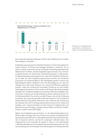Ältere im Betrieb
Drei Viertel der befragten Betriebe nehmen keine Maßnahmen für ältere
Beschäftigte in Anspruch.
Eingliederungszuschüsse für ArbeitnehmerInnen mit Vermittlungshemm-
nissen nehmen 10 Prozent der befragten Betriebe in Anspruch. Sie ist
damit in dieser Untersuchung die wichtigsten beschäftigungsrelevanten
Maßnahmen für Ältere. Ziel der Eingliederungszuschüsse ist es, Vermitt-
lungshemmnisse von bestimmten Arbeitslosengruppen zu überwinden.
Für ältere Arbeitslose wird angenommen, dass das zentrale Eintrittshemm-
nis ihr Alter sei. Die Eingliederungszuschüsse werden als monatliche
Zuschüsse zum Arbeitsentgelt an den Arbeitgeber gezahlt, wodurch die
Beschäftigung Älterer attraktiver wird. Die Beschäftigung von über 50-
Jährigen kann über einen Zeitraum von maximal 36 Monaten gefördert
werden, wobei der Umfang der finanziellen Förderung von den lokalen
Arbeitsagenturen bestimmt wird und bis zu 50 Prozent des Arbeitsentgelts
betragen kann. Statistisch belegt ist ein positiver Effekt der Eingliederungs-
zuschüsse in Bezug auf die Beschäftigung Älterer allerdings bisher nur
für Ostdeutschland. Hier sind es vor allem Frauen, die von der Förderung
profitieren. Das zeigt eine aktuelle Studie des Zentrums für Europäische
Wirtschaftsforschung (ZEW), Mannheim, die im Rahmen der Evaluierung
der Gesetze Hartz I-III im Auftrag des Bundesministeriums für Arbeit und
Soziales und in Zusammenarbeit mit dem Institut für Arbeitsmarkt- und
Berufsforschung, Nürnberg, und dem Institut Arbeit und Technik, Gelsen-
kirchen, erstellt wurde (ZEW 2005).
Neben den Eingliederungszuschüssen ist die Altersteilzeitregelung im
Blockmodell mit knapp über neun Prozent eine weitere wichtige beschäf-
tigungsrelevante Maßnahme. Altersteilzeitarbeit können ArbeitnehmerIn-
nen in Anspruch nehmen, die das 55. Lebensjahr vollendet haben. Der
Arbeitnehmer muss innerhalb der letzten 5 Jahre vor der Altersteilzeit
1.080 Kalendertage versicherungspflichtig beschäftigt gewesen sein. Zei-
ten des Bezugs von Krankengeld, Arbeitslosengeld und Arbeitslosenhilfe
Abbildung 15: Betriebliche Inan-
spruchnahme von Maßnahmen,
Quelle: interne Betriebsbefragung
41
 