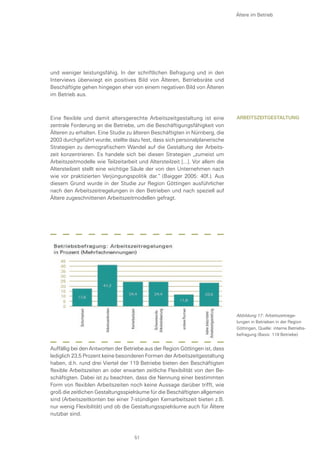 und weniger leistungsfähig. In der schriftlichen Befragung und in den
Interviews überwiegt ein positives Bild von Älteren, Betriebsräte und
Beschäftigte gehen hingegen eher von einem negativen Bild von Älteren
im Betrieb aus.
Eine flexible und damit altersgerechte Arbeitszeitgestaltung ist eine
zentrale Forderung an die Betriebe, um die Beschäftigungsfähigkeit von
Älteren zu erhalten. Eine Studie zu älteren Beschäftigten in Nürnberg, die
2003 durchgeführt wurde, stellte dazu fest, dass sich personalplanerische
Strategien zu demografischem Wandel auf die Gestaltung der Arbeits-
zeit konzentrieren. Es handele sich bei diesen Strategien „zumeist um
Arbeitszeitmodelle wie Teilzeitarbeit und Altersteilzeit [...]. Vor allem die
Altersteilzeit stellt eine wichtige Säule der von den Unternehmen nach
wie vor praktizierten Verjüngungspolitik dar.“ (Baigger 2005: 40f.). Aus
diesem Grund wurde in der Studie zur Region Göttingen ausführlicher
nach den Arbeitszeitregelungen in den Betrieben und nach speziell auf
Ältere zugeschnittenen Arbeitszeitmodellen gefragt.
Ältere im Betrieb
Auffällig bei den Antworten der Betriebe aus der Region Göttingen ist, dass
lediglich 23,5 Prozent keine besonderen Formen der Arbeitszeitgestaltung
haben, d.h. rund drei Viertel der 119 Betriebe bieten den Beschäftigten
flexible Arbeitszeiten an oder erwarten zeitliche Flexibilität von den Be-
schäftigten. Dabei ist zu beachten, dass die Nennung einer bestimmten
Form von flexiblen Arbeitszeiten noch keine Aussage darüber trifft, wie
groß die zeitlichen Gestaltungsspielräume für die Beschäftigten allgemein
sind (Arbeitszeitkonten bei einer 7-stündigen Kernarbeitszeit bieten z.B.
nur wenig Flexibilität) und ob die Gestaltungsspielräume auch für Ältere
nutzbar sind.
Abbildung 17: Arbeitszeitrege-
lungen in Betrieben in der Region
Göttingen, Quelle: interne Betriebs-
befragung (Basis: 119 Betriebe)
Arbeitszeitgestaltung
51
 