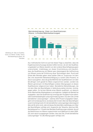 Aus methodischer Sicht ist auch bei dieser Frage zu beachten, dass die
Ergebnisse keine Aussage darüber treffen können, ob sich der Qualifizie-
rungsbedarf von Älteren deutlich von dem anderer Beschäftigtengruppen
unterscheidet. Unabhängig von dieser Einschränkung wird deutlich,
dass die Qualifizierung von Älteren ganz überwiegend der Auffrischung
von Wissen sowie der Einführung neuer Technologien dient. Rund zwei
Drittel aller Betriebe gaben diese beiden Ziele an. Zusammen mit dem
Ziel, eine dauerhafte Weiterbeschäftigung zu sichern (20,5 Prozent), ist
davon auszugehen, dass die große Mehrheit der Qualifikationen von über
50-Jährigen nicht gezielt für Ältere vorgenommen werden, sondern die
Älteren gemeinsam mit Beschäftigten anderer Altersgruppen an diesen
Qualifikationen teilgenommen haben. Betriebliche Weiterbildungen, die
mit dem Alter der Beschäftigten in Verbindung stehen könnten, sind da-
gegen selten. So hat kein Betrieb einen Älteren qualifiziert, um dadurch
einen Wechsel des Arbeitsplatzes zu ermöglichen. Lediglich ein Betrieb hat
angegeben, dass die Qualifizierung vorrangig dem Ausgleich einer alters-
oder krankheitsbedingten Leistungsminderung dient. Aus dem Ziel „Erhalt
betrieblicher Leistungsträger“, welches 29,5 Prozent angegeben haben,
geht nicht eindeutig hervor, ob dieses Ziel mit dem Alter der Beschäftigten
zusammenhängt (weil z.B. die betrieblichen Leistungsträger überwiegend
älter als 50 Jahre sind), oder ob dieses Ziel ebenfalls unabhängig vom Alter
der Beschäftigten verfolgt wird. Angesichts der Tatsache, dass laut IAB-
Betriebspanel nur 1 Prozent der Betriebe Qualifizierungen anbietet, die auf
die Bedürfnisse von Älteren zugeschnitten sind (Bellmann & Leber 2004:
23), kann davon ausgegangen werden, dass das Ziel „Erhalt betrieblicher
Leistungsträger“ für alle Altersgruppen verfolgt wird.
Abbildung 24: Ziele von Qualifika-
tionen von Älteren, Quelle: interne
Betriebsbefragung (Basis: 44
Betriebe)
66
 