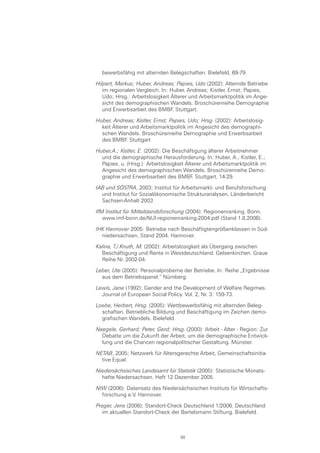 bewerbsfähig mit alternden Belegschaften. Bielefeld, 69-79.
Hilpert, Markus; Huber, Andreas; Papies, Udo (2002): Alternde Betriebe
im regionalen Vergleich. In: Huber, Andreas; Kistler, Ernst; Papies,
Udo; Hrsg.: Arbeitslosigkeit Älterer und Arbeitsmarktpolitik im Ange-
sicht des demographischen Wandels. Broschürenreihe Demographie
und Erwerbsarbeit des BMBF. Stuttgart.
Huber, Andreas; Kistler, Ernst; Papies, Udo; Hrsg. (2002): Arbeitslosig-
keit Älterer und Arbeitsmarktpolitik im Angesicht des demographi-
schen Wandels. Broschürenreihe Demographie und Erwerbsarbeit
des BMBF. Stuttgart
Huber,A.; Kistler, E. (2002): Die Beschäftigung älterer Arbeitnehmer
und die demographische Herausforderung. In: Huber, A.; Kistler, E.;
Papies, u. (Hrsg.): Arbeitslosigkeit Älterer und Arbeitsmarktpolitik im
Angesicht des demographischen Wandels. Broschürenreihe Demo-
graphie und Erwerbsarbeit des BMBF. Stuttgart, 14-29.
IAB und SÖSTRA, 2003; Institut für Arbeitsmarkt- und Berufsforschung
und Institut für Sozialökonomische Strukturanalysen, Länderbericht
Sachsen-Anhalt 2003
IfM Institut für Mittelstandsforschung (2004): Regionenranking. Bonn.
www.imf-bonn.de/NUI-regionenranking-2004.pdf (Stand 1.8.2006).
IHK Hannover 2005: Betriebe nach Beschäftigtengrößenklassen in Süd-
niedersachsen, Stand 2004. Hannover.
Kalina, T./ Knuth, M. (2002): Arbeitslosigkeit als Übergang zwischen
Beschäftigung und Rente in Westdeutschland. Gelsenkirchen. Graue
Reihe Nr. 2002-04.
Leber, Ute (2005): Personalprobeme der Betriebe. In: Reihe „Ergebnisse
aus dem Betriebspanel.“ Nürnberg.
Lewis, Jane (1992): Gender and the Development of Welfare Regimes.
Journal of European Social Policy. Vol. 2, Nr. 3: 159-73.
Loebe, Herbert, Hrsg. (2005): Wettbewerbsfähig mit alternden Beleg-
schaften. Betriebliche Bildung und Beschäftigung im Zeichen demo-
grafischen Wandels. Bielefeld.
Naegele, Gerhard; Peter, Gerd; Hrsg. (2000): Arbeit - Alter - Region: Zur
Debatte um die Zukunft der Arbeit, um die demographische Entwick-
lung und die Chancen regionalpolitischer Gestaltung. Münster.
NETAB, 2005; Netzwerk für Altersgerechte Arbeit, Gemeinschaftsinitia-
tive Equal.
Niedersächsisches Landesamt für Statistik (2005): Statistische Monats-
hefte Niedersachsen. Heft 12 Dezember 2005.
NIW (2006): Datensatz des Niedersächsischen Instituts für Wirtschafts-
forschung e.V. Hannover.
Prager, Jens (2006); 	Standort-Check Deutschland 1/2006. Deutschland
im aktuellen Standort-Check der Bertelsmann Stiftung. Bielefeld.
88
 