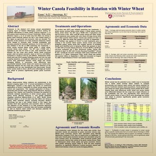 Harvesting winter canola


                                                     Winter Canola Feasibility in Rotation with Winter Wheat
                                                     Esser,* A.D.1, Hennings, R.2
                                                     1 Extension Agronomist, Washington State University Extension, Lincoln-Adams Area, Ritzville, Washington 99169
                                                     2 Wheat Producer, Adams County, Ritzville, Washington, 99169




Abstract                                                                            Treatments and Operations                                                                   Agronomic and Economic Data
Producers in the dryland (>12 inches annual precipitation)                          An on-farm test (OFT) was initiated examining two treatments: 1.
cropping region of Eastern Washington continue looking for                                                                                                                      Table 1. Average yield and gross economic return in winter canola
                                                                                    winter canola, summer fallow, winter wheat; 2. winter wheat, summer
profitable alternatives to winter wheat (Triticum aestivum L.) to                                                                                                               and wheat treatments in an on-farm test at Hennings’ farm east of
                                                                                    fallow, winter wheat. The OFT was a RCBD with 4 replications and
limit grassy weed resistance to Group 2 herbicides. Winter canola                                                                                                               Ritzville, WA.
                                                                                    was 6.5 acres in size. ‘DKA 13-86 RR’ winter canola and ‘Eltan’ winter
(Brassica napus L.) is an oil seed crop that offers non Group 2                     wheat treatments were seeded with John Deere HZ deep furrow drills                                                           Yield                   Gross Economic
grassy weed herbicide options but has a very limited history in                     into a tilled summer fallow system. Canola was seeded at 8 lb/ac on
this region as agronomic and economic risks are elevated. The
                                                                                                                                                                                Treatments                      (bu/ac)                   Return ($/ac)
                                                                                    August 22, 2006 and wheat was seeded at 52 lb/ac on September 1,
objective of this research is to help producers determine market                    2006. Fertilizer was applied at 70-0-0-7 to both treatments prior to                        Canola                            34.5                           293
prices needed to minimize risks, increase profitability, and                        seeding in the summer fallow system. Downy brome and jointed                                Wheat                             43.5                           355
decrease potential for herbicide resistance. An on-farm test (OFT)                  goatgrass grassy weeds along with multiple species of broadleaf
was initiated in the fall of 2006 examining two treatments: 1.                      weeds were identified prior to spraying. Wheat was sprayed on April                         Level of
                                                                                                                                                                                                                   0.01                          0.05
                                                                                                                                                                                Significance
winter canola, summer fallow, winter wheat; 2. winter wheat,                        13, 2007 with 4.75 oz/ac Osprey (Group 2), 16 oz/ac MCPA, 2 qt/100 gal
summer fallow, winter wheat. The OFT was a RCBD with 4                              non-ionic surfactant and 3 lb/ac ammonium sulfate. Canola was
replications and was 6.5 acres in size. Total production costs                      sprayed on April 16, 2007 with 16 oz/ac Roundup PowerMAX™ (Group
between the two crops were similar. Winter wheat produced                           9) and 1 qt/100-gal non-ionic surfactant. Both spray treatments were
greater yield and gross economic return at 43.5 bu and $355/ac                      applied at 11.7 gal/ac. Subsequent ‘Eltan’ winter wheat was seeded                          Table 2. Average yield and gross economic return of subsequent
compared to canola at 34.5 bu and $293/ac. Subsequent winter                        into summer fallow on September 2, 2008 and harvested on August                             winter wheat crop following winter canola and wheat treatments in an
wheat yield was 39.3% greater following canola and over the total                   18, 2009. It was fertilized at 70-0-0-7 and seeded at 52 lb/ac.                             on-farm test at Hennings’ farm east of Ritzville, WA.
cropping sequence, no significant difference in gross economic
returns were determined between winter wheat and canola                                                                                                                                                             Yield                Gross Economic
averaging $493/ac. In conclusion, yield differences were                                                  Study timeline and treatments                                         Treatments                         (bu/ac)                Return ($/ac)
documented between winter wheat and canola but market price                           Crop Year                Treatment #1                                 Treatment #2
differential between the two crops has a larger influence on the                                                                                                                Canola                                47.5                      197
                                                                                          2006                  Summer fallow                                Summer fallow
profitability and can vary dramatically from year-to-year. Overall                                                                                                              Wheat                                 34.1                      142
winter canola needs to have a 26.4% price advantage per bushel                           2007                  Winter canola                                Winter wheat        Level of
                                                                                                                                                                                                                      0.05                      0.05
over wheat to produce significantly greater gross economic                                                                                                                      Significance
                                                                                          2008                  Summer fallow                                Summer fallow
returns.
                                                                                          2009                   Winter wheat                                 Winter wheat




Background                                                                                                                                                                      Conclusions
Winter wheat-summer fallow rotations are predominate in the                                                                                                                     Winter canola has the potential to be a viable crop to incorporate
dryland cropping region (>12” of annual precipitation) of Eastern                                                                                                               into a winter wheat summer fallow rotation to compete
Washington. Farmers in this region rely heavily on continuous                                                                                                                   economically and improve weed control and reduce potential for
applications of Group 2 herbicides for winter annual grassy weed                                                                                                                Group 2 herbicide resistant weed populations. Canola yielded less
control and suppression. This repeated application of Group 2                                                                                                                   than wheat but winter wheat following canola yielded 39.3% better.
herbicides that includes trade names Beyond, Maverick, Olympus,                                                                                                                 Despite these yield differences winter wheat and canola market
Olympus Flex, Osprey, and PowerFlex increases the potential for                                                                                                                 price differential between the two crops has a larger influence on
herbicide resistant populations of winter annual grassy weeds                                                                                                                   the profitability and can vary dramatically from year-to-year.
downy brome (Bromus tectorum L.) and jointed goatgrass                                                                                                                          Overall canola needs to have a 26.4% price advantage per bushel
(Aegilops cylindrica) (Mallory-Smith et al., 2007). Winter canola                                                                                                               over wheat to produce significantly greater gross economic
(Brassica napus L.) is an oil seed crop that offers non Group 2                                                                                                                 returns (Figure 1).
grassy weed herbicide options including Roundup ReadyTM                                          Grassy weed CONTROL                            Grassy weed SUPPRESSION
                                                                                                    in winter canola                                 in winter wheat
technology but has a very limited history in this region and                                        with Roundup (Group 9)                              with Osprey (Group 2)

elevates short term agronomic and economic risks in rotation.                                                                                                                       Wheat                                      Canola ($/bu)
The objective of this research is to help producers determine                                                                                                                       ($/bu)        $5.00       $6.00          $7.00      $8.00     $9.00      $10.00
market prices needed to minimize risks and increase profitability                                                                                                                   $4.00         -$54        -$89           -$123      -$158     -$192      -$227
as well as improve weed control and decrease potential for                                                                                                                          $5.00         -$11        -$46            -$80      -$115     -$149      -$184
herbicide resistance grassy weeds.                                                                                                                                                  $6.00          $32         -$2            -$37       -$71     -$106      -$140
                                                                                                                                                                                    $7.00          $76         $41              $7       -$28      -$62       -$97
                                                                                                                                                                                    $8.00         $119         $84             $50        $16      -$19       -$53
  STUDY DETAILS                                                                                                                                                                     $9.00         $162        $128             $93        $59       $24       -$10
  Location : 9 miles east of Ritzville, WA
  Annual precipitation: 11-12 inches                                                                                                                                                $10.00        $206        $171            $137       $102       $68        $33
  Soil type: silt loam                                                                                                                                                              $11.00        $249        $215            $180       $146      $111        $77
                                                                                                                                                                                    $12.00        $292        $258            $223       $189      $154       $120
                          Rep IV                                                                                             NO herbicide application
                                                                                                                                 in winter canola                                                 Price structure winter wheat is more profitable.
    ‘DKA 13-86 RR’                       ‘Eltan’                                                                                                                                                  Price structure winter canola is more profitable.
     Winter Canola                    Winter Wheat
                                                                                    Agronomic and Economic Results                                                                                Price to consider weeds, soil moisture, price stability, etc.

                                                                                     Total production costs between the two crops were similar, thus                            Figure 1. Profitability of winter wheat in comparison to winter canola
                                                                                     economic results are presented as gross economic returns only.                             given a specific market price from an on-farm trail at Hennings’ in 2006-
                                                                                     Wheat gross economic returns were calculated using Ritzville                               09. This included the rotational value of canola. For example, if wheat is
                                                                                     Warehouse Company F.O.B. (free on board) price on September 15                             selling for $6.00/bu, canola selling at $8.00/bu will be significantly better
                                                                                     each year. Canola gross economic returns were calculated using the                         off economically generating $71/ac more profit.
                                                                                     local contract price. As anticipated, wheat produced greater yield
                                                                                     and economic returns than canola at the given market prices (Table
                                                                                     1). Subsequent winter wheat yields and gross economic returns
                        ACKNOWLEDGEMENT                                              were greater following canola (Table 2). Over the total cropping                           CITATION
   The authors would like to thank the following for financial support:              sequence, no significant difference in gross economic returns was                          Mallory-Smith, C., A. Hulting, D. Thill, D. Morishita, J. Krenz. 2007. Herbicide-
    WSU Otto and Doris Amen Dryland Research Endowment Fund,                                                                                                                    Resistant Weeds and their Management. In Pacific Northwest Conservation
                                                                                     determined between wheat and canola averaging $493/ac .
  Northwest Columbia Plateau PM10 Project, and WSU Biofuels Project                                                                                                             Tillage Handbook. Extension bulletin No. PNW 437.
 