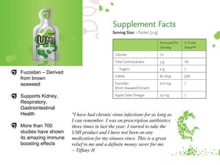 Fucoidan – Derived from brown seaweed  Supports Kidney, Respiratory, Gastrointestinal Health  More than 700 studies have shown its amazing immune boosting effects "I have had chronic sinus infections for as long as I can remember. I was on prescription antibiotics three times in last the year. I started to take the UMI product and I have not been on any medication for my sinuses since. This is a great relief to me and a definite money saver for me.  ~  Tiffany H 