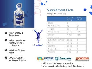 Heart Energy & Protection Helps to maintain healthy levels of cholesterol Nutrition for your heart COQ10, Oyster Mushroom Powder #1 prescribed drugs in America. Liver must be checked regularly for damage.  