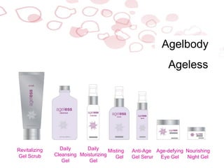 Revitalizing Gel Scrub Daily Cleansing Gel Daily Moisturizing Gel Misting  Gel Anti-Age  Gel Serum Age-defying Eye Gel Nourishing Night Gel Agelbody  Ageless 