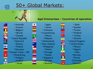50+ Global Markets: Agel Enterprises – Countries of operation Australia Austria Belgium Brunei Canada Czech Republic Denmark Estonia Finland Germany Greater China – HK Hong Kong Hungary Ireland Israel Japan Latvia Lithuania Luxembourg Macau Malaysia Netherlands New Zealand Philippines Poland Portugal Russia Singapore Slovakia Slovenia Spain Sweden Taiwan Thailand Turkey Ukraine United Kingdom United States Mexico Nigeria India Norway France Columbia Vietnam 