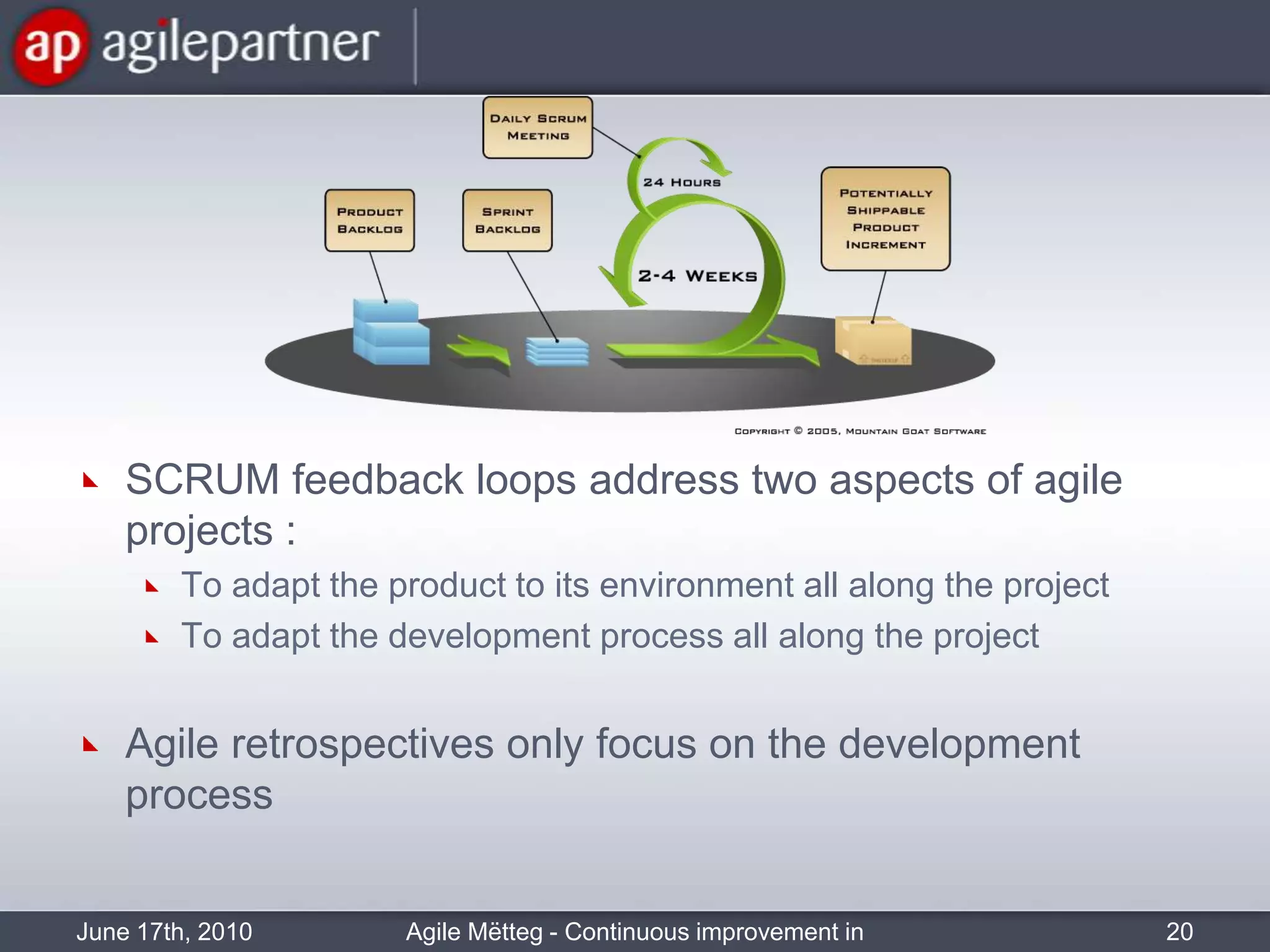 SCRUM feedback loopsaddresstwo aspects of agile projects :To adapt the product to itsenvironment all along the projectTo adapt the developmentprocess all along the projectAgile retrospectivesonly focus on the developmentprocessJune 17th, 2010Agile Mëtteg - Continuous improvement in practice20