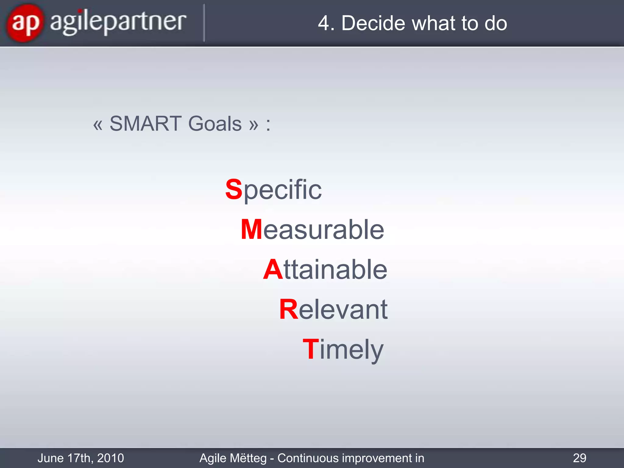 CASE STUDYLet’s make the retrospective of this seminar !June 17th, 2010Agile Mëtteg - Continuous improvement in practice24