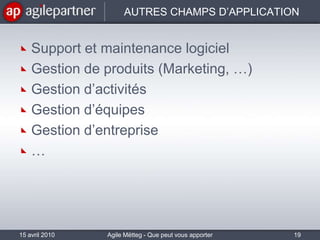 AUTRES CHAMPS D’APPLICATIONSupport et maintenance logicielGestion de produits (Marketing, …)Gestion d’activitésGestion d’équipesGestion d’entreprise…15 avril 2010Agile Mëtteg - Que peut vous apporter l'agilité19
