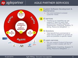 AGILE PARTNER SERVICESCustom Software Development & MaintenanceOur core business to answer customer needsIS servicesThanks to our expertise we can support IT team to reach their productivity & quality objectives (Assessment, Coaching, Support, Training, Resource delegation…)IS SolutionsTake benefit from commercial or Open Source platform to answer as quick as possible to specific needsIS users servicesWe can support Product & Services owners to work closely with the IT team (Assessment, Coaching, Support, Training, Resource delegation…)15 avril 2010Agile Mëtteg - Que peut vous apporter l'agilité3IS users Services14Software Development & SoftwareMaintenance2ISSolutionsIS ServicesAgilityAgility31234Agility