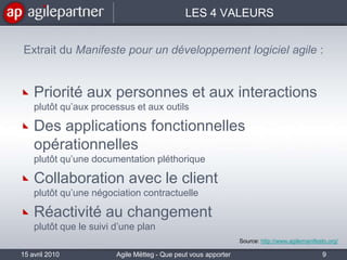 LES 4 VALEURSExtrait du Manifeste pour un développement logiciel agile :Priorité aux personnes et aux interactions plutôt qu’aux processus et aux outilsDes applications fonctionnelles opérationnelles plutôt qu’une documentation pléthoriqueCollaboration avec le client plutôt qu’une négociation contractuelleRéactivité au changement plutôt que le suivi d’une plan15 avril 2010Agile Mëtteg - Que peut vous apporter l'agilité9Source: http://www.agilemanifesto.org/