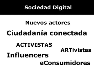 Sociedad Digital Nuevos actores Ciudadanía conectada ACTIVISTAS ARTivistas Influencers eConsumidores 