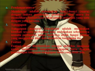 Pendengarannya Mendengar adalah menangkap bunyi-bunyi (suara) dengan indera pendengar, pendengar dan suara itu memelihara komunikasi vokal antara makhluk yang satu dengan yang lainnya. Tanggapan Tanggapan menurut Linschoten adalah melakukan kembali sesuatu perbuatan atau melakukan sebelumnya sesuatu perbuatan tanpa hadirnya objek fungsi primer yang merupakan dasr dari modalitas tanggapan itu. Fantasi Fantasi dapat didefinisikan sebagai aktivitas imajinasi untuk membentuk tangapan-tanggapan baru dengan pertolongan tangapan-tanggapan lama yang telah ada. 