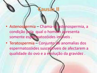 Causas IIAstenospermia – Chama-se astenospermia, a condição pela  qual o homem apresenta somente espermatozóides imóveis .Teratospermia– Conjunto de anomalias dos espermatozóides susceptíveis de afectarem a qualidade do ovo e a evolução da gravidez .