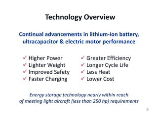 Why Hybrid/Electric Propulsion for GA?Alternative Energy Propulsion SystemsNEED FOR OPS EFFICIENCYThreat: High Ops Cost Potentially Limits UtilityVOLATILE FUEL COSTSThreat: Unpredictable Cost Limits Planning EffectivenessINTERNATIONAL PETRO SUPPLYThreat: Aviation Fuel Potentially Limited/CostlyENVIRONMENTAL CONCERNSThreat: Noise, CO2 PollutionFUTURE FOR GAThreat: Loss of Flexibility; Efficiency; Security4